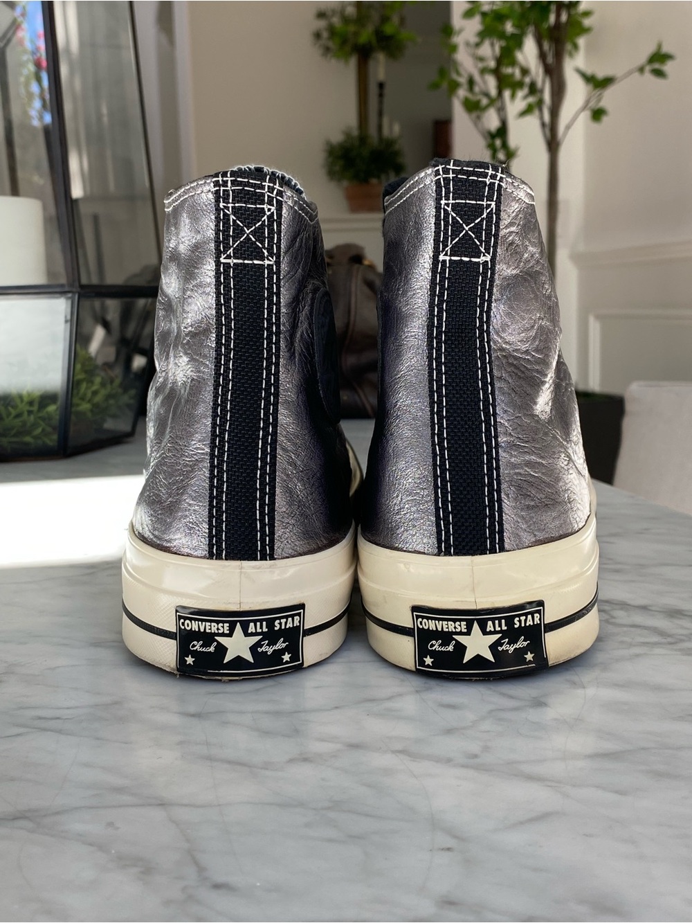 Converse Men’s Leather Silver Metallic High Top Sneakers with Black Accents - Picture 2 of 10